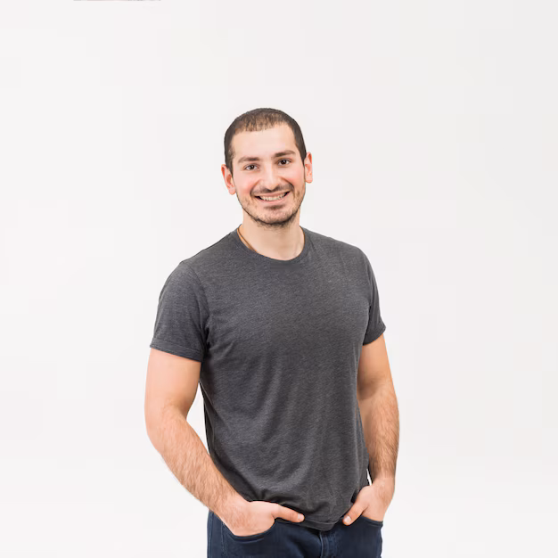 front view happy man standing against white background 23 2148043782